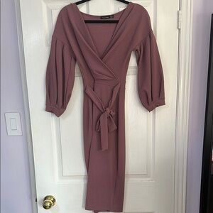 Off the Shoulder Mauve Wrap Midi Dress